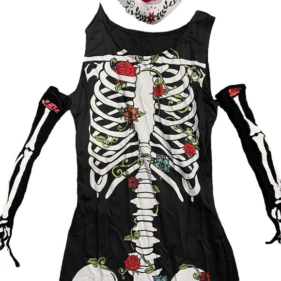Skeleton Dress Mask Leggings Arm Sleeves Día de los Muertos 6 Piece Costume SM - Picture 3 of 7